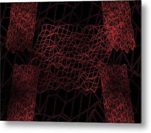 Rithmart Red Abstract Strings Web Net Mesh Fence Grid Dark Pink Scale Transform Rotate Flip Mirror Black Deep Perspective Shadow Modern Layered Distance Foreground Background Lines Distortios Shear Skew Terrain Landscape Wood Tree Bark Plank High Low Symmetry Sides Cells Vertex Vertices Polygon Space Metal Print featuring the digital art Red.99 by Gareth Lewis