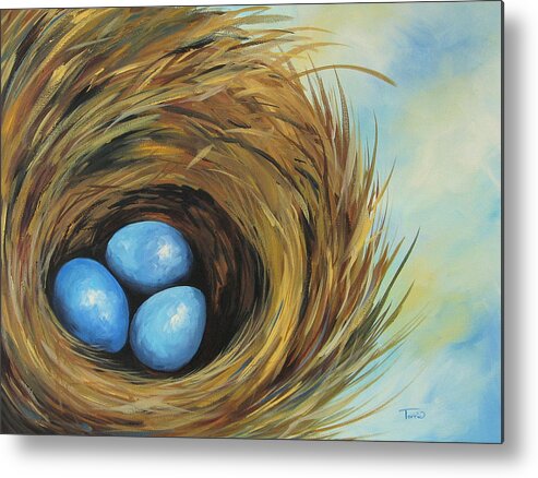Blue Metal Print featuring the painting Robin's Three Eggs II by Torrie Smiley
