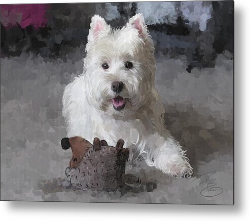 Dog Metal Print featuring the digital art Rose with a new toy by Debra Baldwin