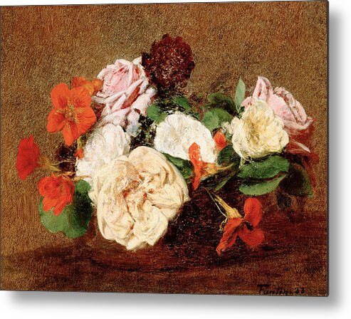 Henri Fantin-latour Metal Print featuring the painting Roses and Nasturtiums in a Vase by Henri Fantin-Latour