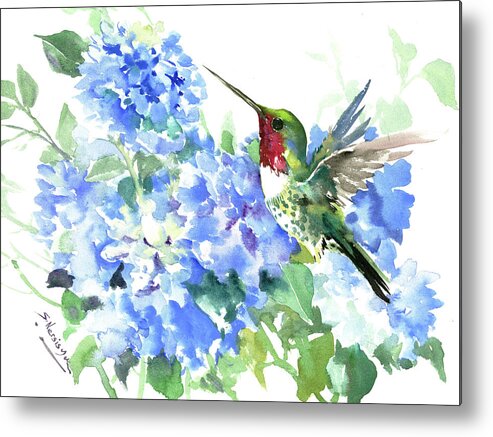 Flowers And Birds Metal Print featuring the painting Ruby Throated Hummingbird and Hydrangea Flowers by Suren Nersisyan