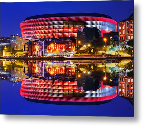 San Metal Print featuring the photograph San Mames Stadium At Night With Water Reflections by Mikel Martinez de Osaba