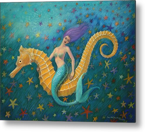Mermaid Metal Print featuring the painting Seahorse Mermaid by Sue Halstenberg