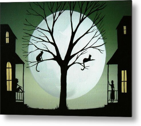 Folk Art Metal Print featuring the painting Sharing The Moon - cat silhouette art by Debbie Criswell