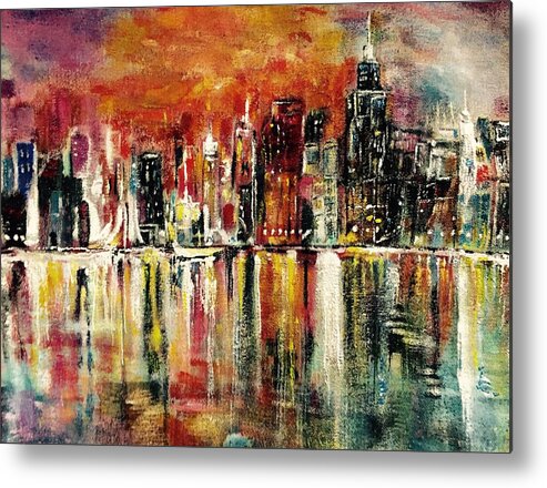 Tote Bag Metal Print featuring the painting Shimmering City Night Lights by Belinda Low