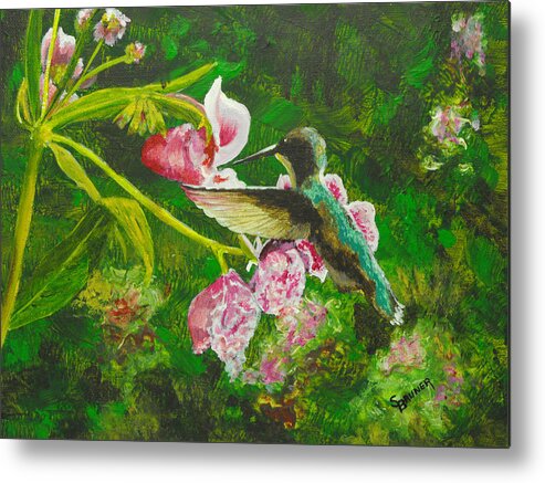 Nature Metal Print featuring the painting Shimmering Hummingbird by Susan Bruner