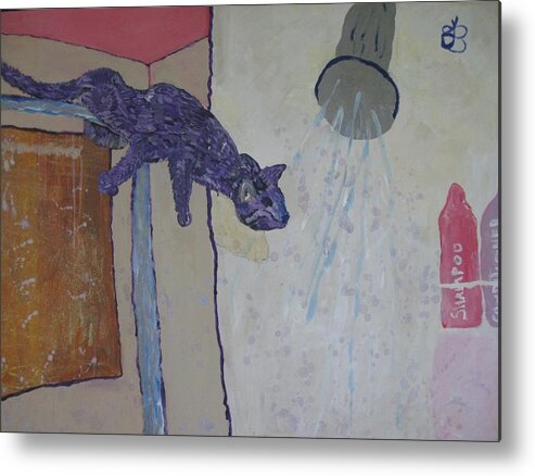 Purple Metal Print featuring the painting Shower Cat by AJ Brown
