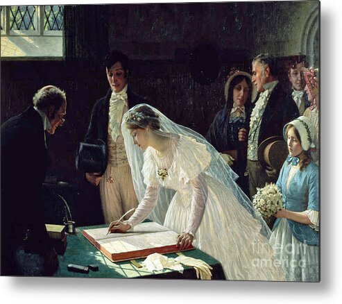 Edmund Blair Leighton - Signing The Register Metal Print featuring the painting Signing the Register by MotionAge Designs