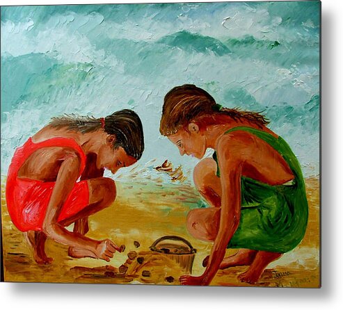 Girls Metal Print featuring the painting Sisters on the beach by Inna Montano