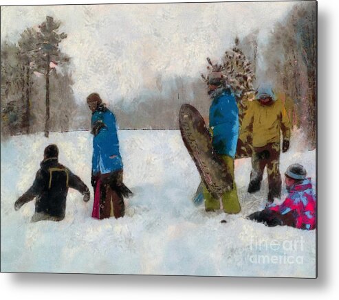 Winter Metal Print featuring the photograph Six Sledders in the Snow by Claire Bull