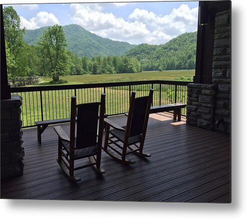 Smokeys Porch Rocking Chair Mountain Landscape Metal Print featuring the photograph Smokey Mountain serenity by Anne Sands
