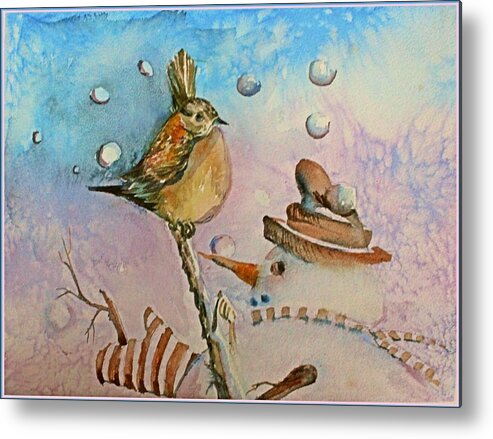 Bird Metal Print featuring the painting Frosty tosses Snowballs at the Bird. by Mindy Newman