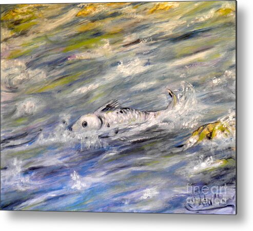 Fish Water Rocks Spawn Waves Algae Blue White Yellow Ochre Grey Black Purple Green Water River Upstream Fins Eye Scales Splash Metal Print featuring the painting Spawn by Ida Eriksen