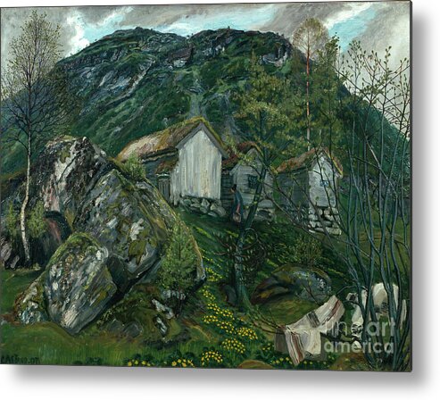 Nikolai Astrup Metal Print featuring the painting Spring atmosphere at a smallholing by O Vaering