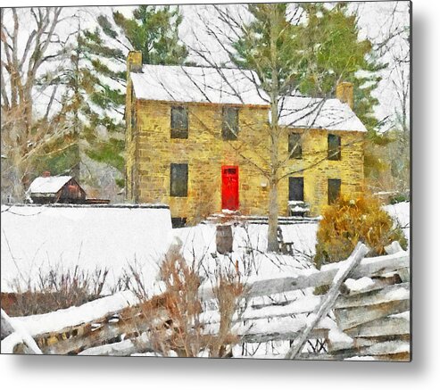 Stone House Metal Print featuring the digital art Stone House at the Oliver Miller Homestead in Winter by Digital Photographic Arts