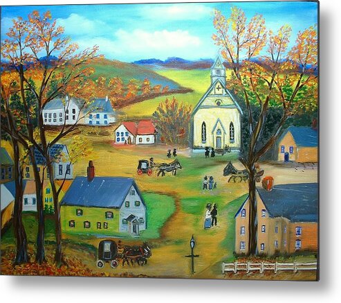 Landscape Village House Barn Church Folk Art Metal Print featuring the painting Summer Village by Kenneth LePoidevin