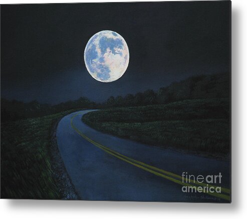 Super Moon Metal Print featuring the painting Super Moon at the end of the road by Christopher Shellhammer