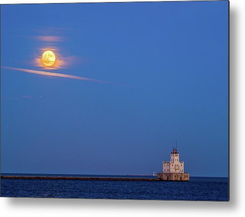 Lake Michigan Metal Print featuring the photograph Supermoon over the white lighthouse by Kristine Hinrichs