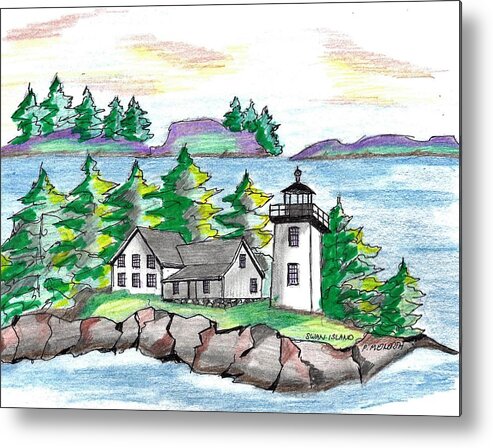  Paul Meinerth Artist Metal Print featuring the drawing Swan Island Lighthouse by Paul Meinerth