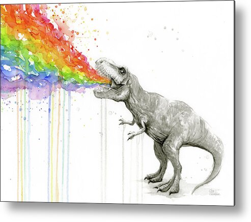 T-rex Metal Print featuring the painting T-Rex Tastes the Rainbow by Olga Shvartsur