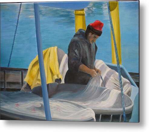 Italy Metal Print featuring the painting Tending Nets by Joe Lanni