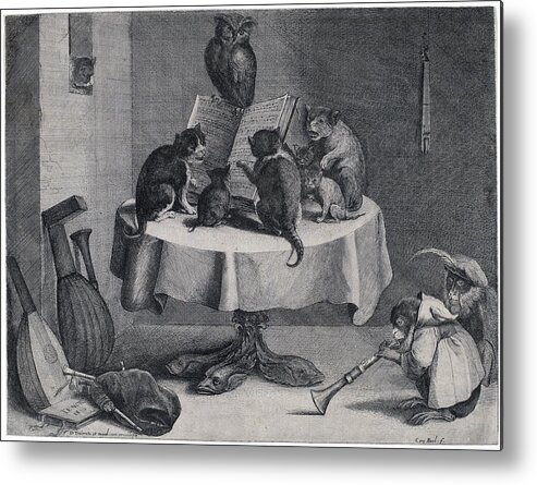Coryn Boel After David Teniers The Younger Metal Print featuring the drawing The Cat's Concert by Coryn Boel after David Teniers the Younger
