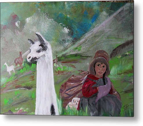 Llamas Metal Print featuring the painting The Guardians by Susan Voidets
