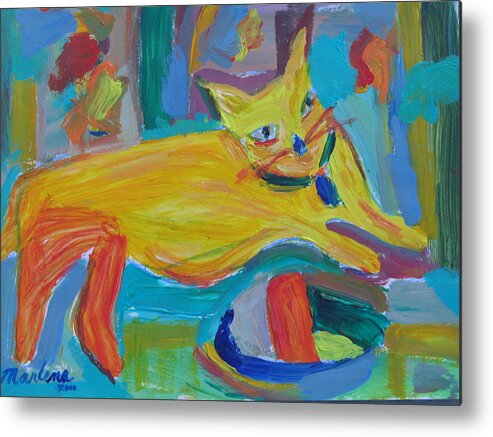 Cat Metal Print featuring the painting The Yellow Cat by Marlene Robbins