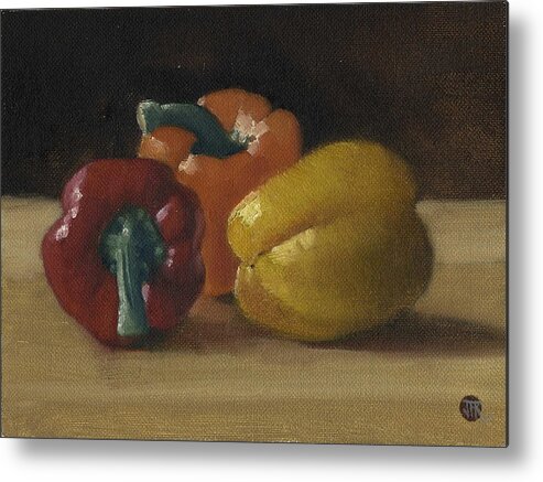 Garden Metal Print featuring the painting Three Bell Peppers by John Reynolds