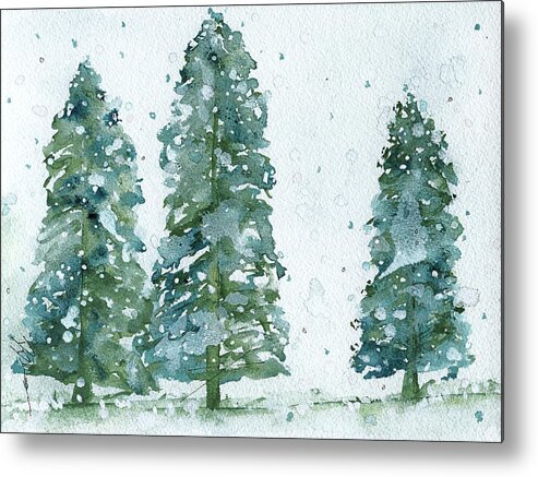 Snowy Trees Metal Print featuring the painting Three Snowy Spruce Trees by Dawn Derman