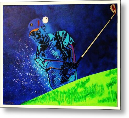 Tiger Woods Paintings Metal Print featuring the painting Tiger Woods-Playing in the Sandbox by Bill Manson