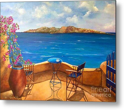 Free Shipping Tranquility Of Santorini Original Acrylic Pallet Knife Art Print Of Original Painting By Viktoriya Sirris Seascape Greece Metal Print featuring the painting Tranquility Of Santorini by Viktoriya Sirris