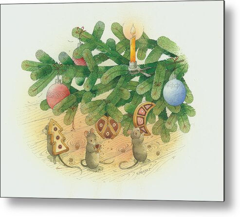 Christmas Greeting Cards Tree Green Mouse Metal Print featuring the painting Under the Christmas Tree by Kestutis Kasparavicius