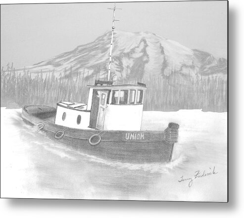 Tugboat Metal Print featuring the drawing Tugboat Union by Terry Frederick