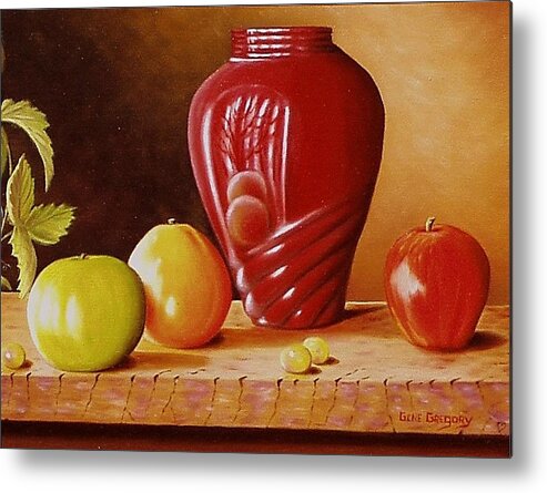 Still Life Metal Print featuring the painting Urn an apple by Gene Gregory