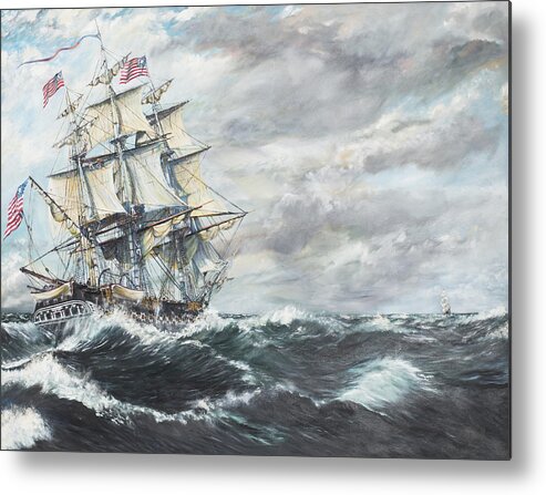Uss Constitution Metal Print featuring the painting USS Constitution heads for HM Frigate Guerriere by Vincent Alexander Booth