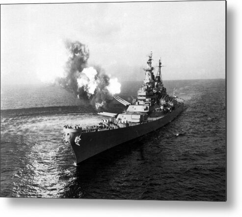 Uss Missouri Metal Print featuring the photograph USS Missouri Firing Salvo - Korean War - 1950 by War Is Hell Store
