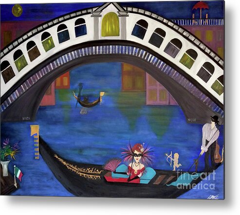 Gondola Metal Print featuring the painting Venice Gondola By Night by Artist Linda Marie