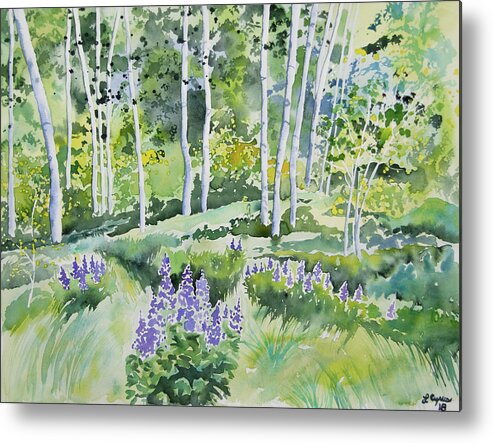 Aspen Metal Print featuring the painting Watercolor - Early Summer Aspen and Lupine by Cascade Colors