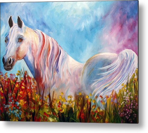 White Arabian Metal Print featuring the painting White Arabian Horse by Mary Jo Zorad