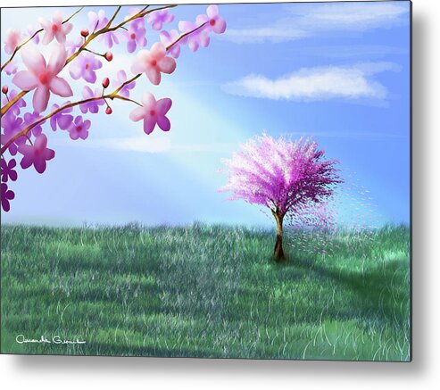 Landscape Metal Print featuring the painting Windblown Cherry Blossoms by Amanda Gusack