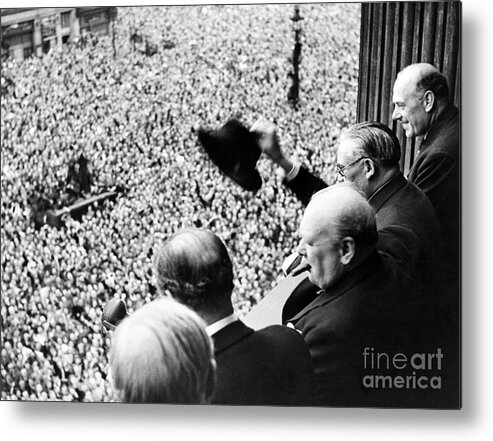 Second World War Metal Print featuring the photograph Winston Churchill looking out over crowds celebrating the end of the Second World War by English School