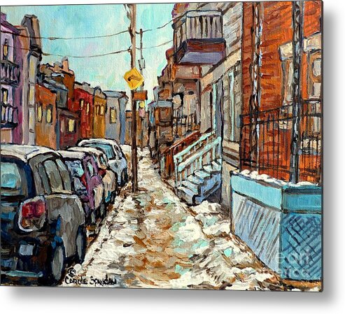 Montreal Metal Print featuring the painting Winter In The City Montreal Street Scene Painting For Sale Snowy Quebec Winter Scene Art C Spandau  by Carole Spandau