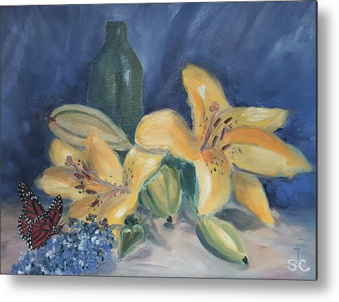 Monarch Metal Print featuring the painting Yellow Aziatic Lily with Monarch by Sharon Casavant