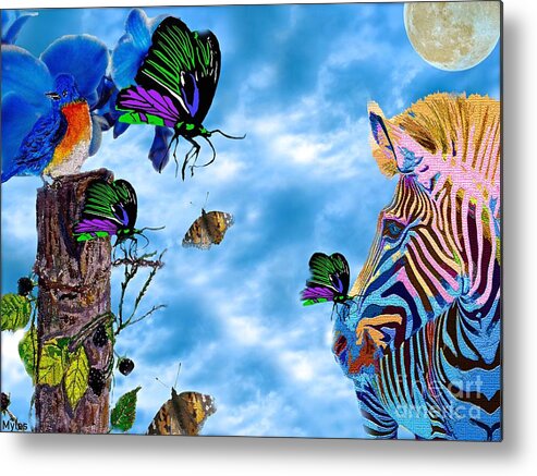 Zebra Metal Print featuring the painting Zebras Birds and Butterflies Good Morning My Friends by Saundra Myles