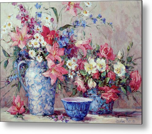 Flowers And Blue Porcelain Metal Print featuring the painting 1206 Flowers And Blue Porcelain by Barbara Mock