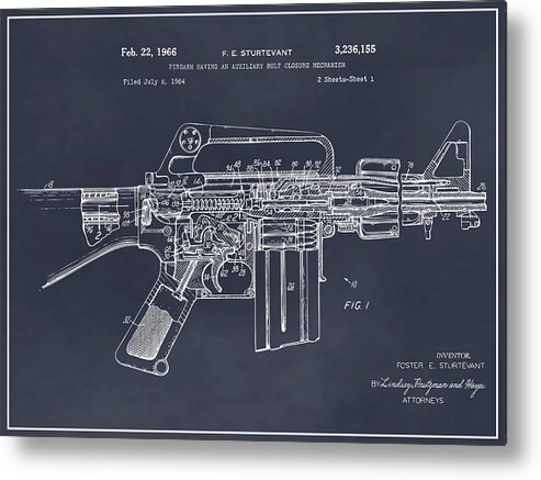 Ar15 Metal Print featuring the drawing 1966 AR15 Assault Rifle Patent Print, M-16, Blackboard by Greg Edwards