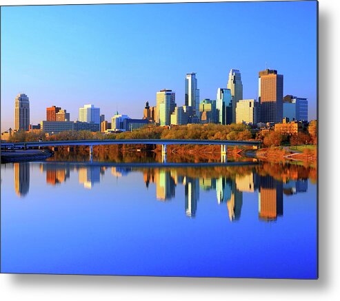 Minneapolis downtown with reflection in Mississippi river Metal Print by  Alex Nikitsin - Pixels