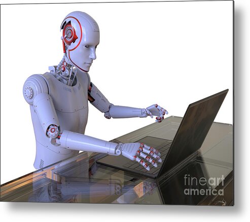 Robot Metal Print featuring the photograph Humanoid Robot Working With Laptop by Kateryna Kon/science Photo Library