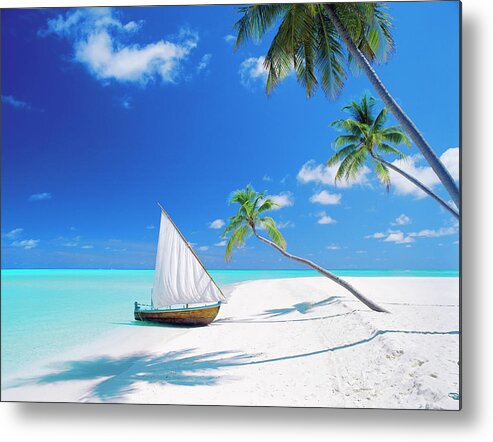 Dhoni (traditional Boat) Moored By Empty Beach Metal Print featuring the photograph 795-69 by Robert Harding Picture Library